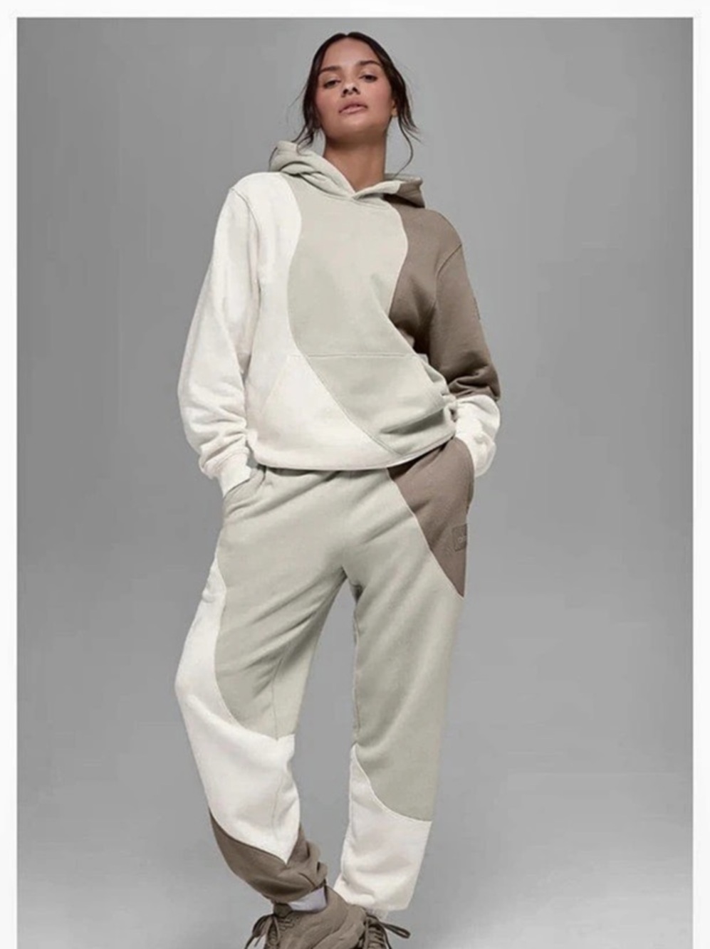 Alo Yoga Make Waves Hoodie and joggers Color Block White & Brown medium